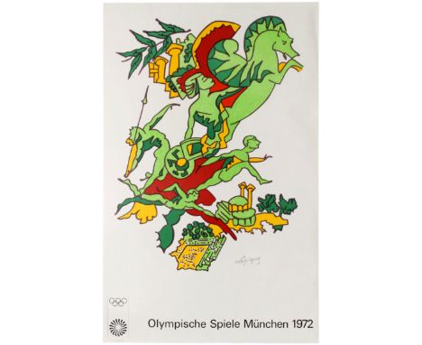 Original vintage sport poster for the 1972 Munich Olympic Games (Olympische Spiele Munchen). This Munich Olympic poster signe