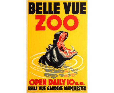 Original vintage travel advertising poster for the Belle Vue Zoo in Manchester featuring a colourful image of a hippopotamus 