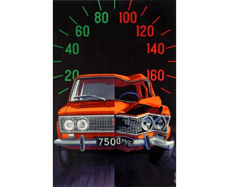 Original vintage Soviet road safety poster featuring a great design of a classic orange Lada car driving towards the viewer a