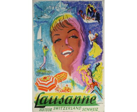 Original vintage travel advertising poster for Lausanne Suisse Switzerland Schweiz. Colourful image of a girl with various ac