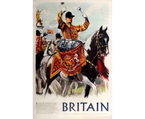 Original vintage travel advertising poster for Britain depicting a ceremonial scene from the Trooping the Colour on Horse Gua