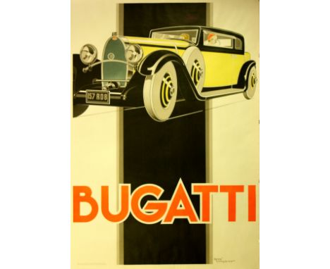 Lithograph re-issue advertising poster Bugatti by Studio Editions, Paris. Stylish Art Deco image in yellow and black for this