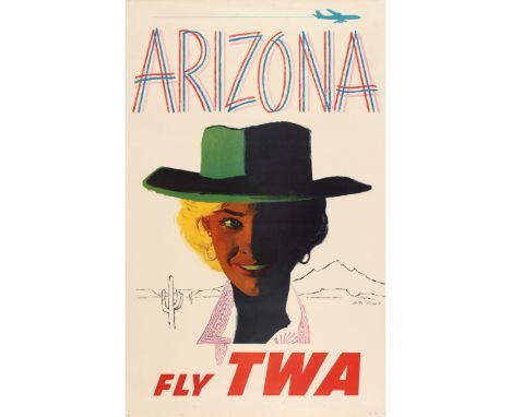 Original vintage travel advertising poster: Arizona – Fly TWA. Great artwork by Austin Briggs featuring a young lady wearing 