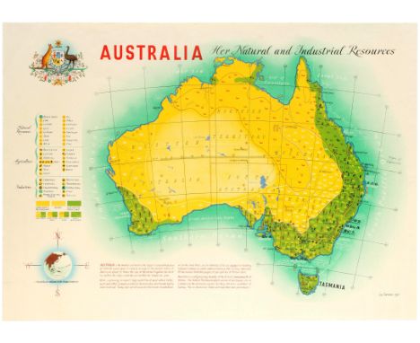 Original vintage map poster - Australia Her Natural and Industrial Resources - marking the country's major locations and reso