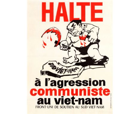 Original vintage French propaganda poster published by the United Front in Support of South Vietnam to denounce the Communist