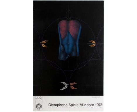 Original vintage sport poster for the 1972 Munich Olympic Games (Olympische Spiele Munchen). This Munich Olympic poster signe