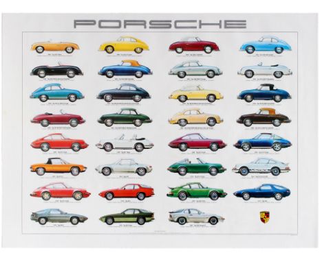 Original vintage advertising poster for Porsche charting all the production cars released by the German manufacturer in its h