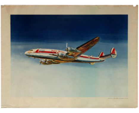 Original vintage travel advertising poster showing an artwork depicting a Capital Airlines Constellation aircraft flying acro