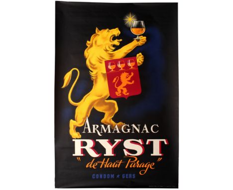 Original vintage French advertising poster for Armagnac Ryst, an alcohol produced in the town of Condom in the Gers region in