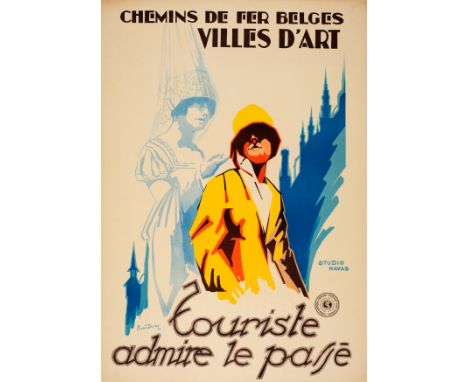 Original vintage travel advertising poster for Belgium villes d'art - touriste admire le passe / cities of art - tourists adm