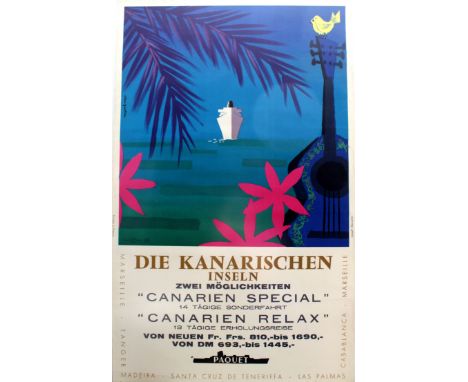 Original vintage cruise poster featuring a white cruise liner on the horizon splashing through the sea with a palm tree, flow