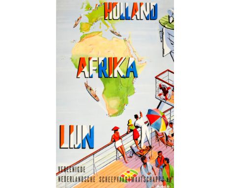 Original vintage travel poster&nbsp;advertising the Holland Afrika Lijn - Verenigde Nederlandse Scheepvaartmaatschappij (VNS)