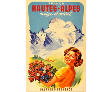Original vintage poster promoting Hautes-Alpes, a ski resort area in the Alps, France. Great image of a smiling lady holding 