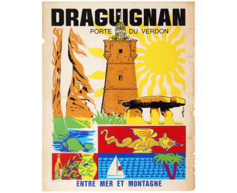 Original vintage travel advertising poster for the small town of Draguignan in southern France located between the Mediterran