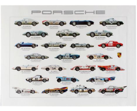 Original vintage advertising poster for Porsche charting all the racing cars produced by the German manufacturer in its histo