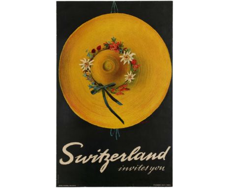 Original vintage travel advertising poster published by the Swiss Federal Railways - Switzerland invites you - featuring a co