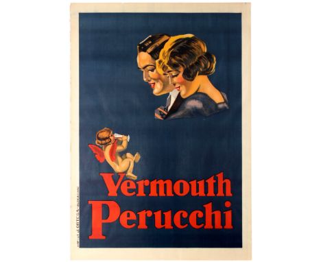Original vintage advertising poster for the Spanish alcohol Vermouth Perruchi featuring a beautiful design showing a young co