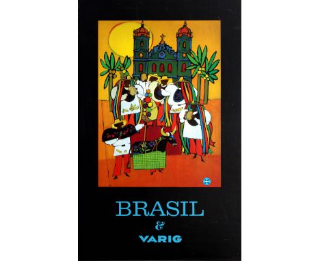 Original vintage double-sided travel advertising poster for the Brazilian airline Varig featuring brightly coloured illustrat