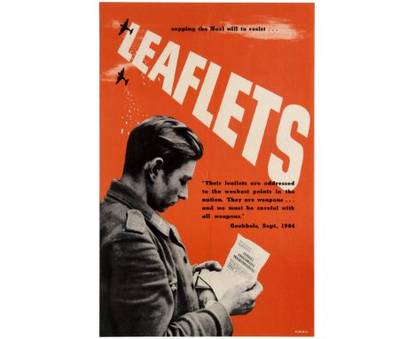 Original vintage World War Two propaganda poster: Sapping the Nazi will to resist... Leaflets. This poster features a black a