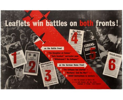 Original vintage World War Two propaganda poster: Leaflets win battles on both fronts! This poster features copies of leaflet