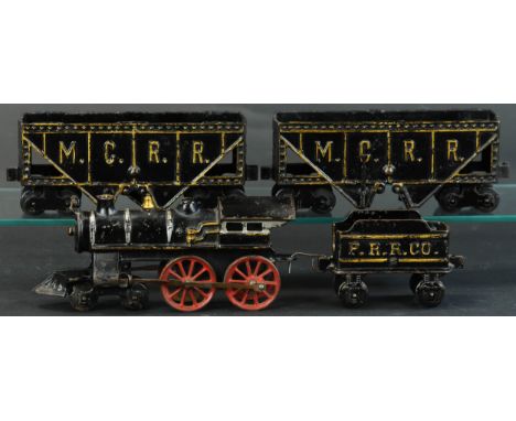 365. DENT CAST IRON FREIGHT FLOOR TRAIN SET | Circa 1900. | Provenance: Paul Cole Collection. | Loco 9" l. | One handle missi