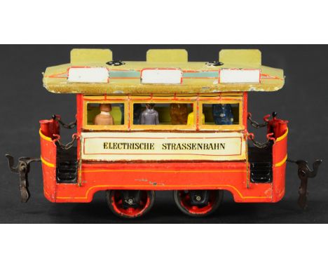 761. MARKLIN ELECTRISCHE STRASSENBAHN TROLLEY TRAILER | O gauge, hand painted, un-powered trailer that reads "Electrische Str