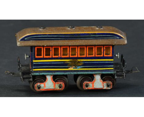 455. MARKLIN BLUE EAGLE CAR | 0 Gauge, hand painted, features "Eagle" emblem on each side, open vestibule ends, single openin