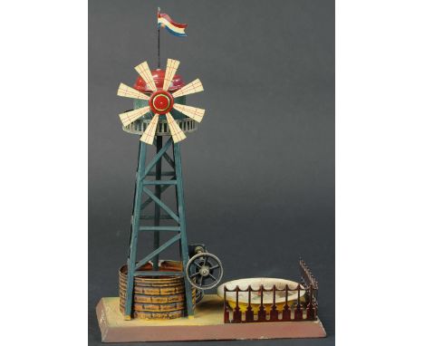 762. MARKLIN WINDMILL WITH FOUNTAIN | Hand painted steam accessory, steam piston on base drives a flywheel that turns the win