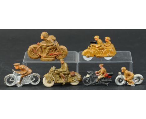 396. GROUPING OF TOY MOTORCYCLES | Lot includes; Manoil Army motorcycle, Barclay brown Army cycle w/ sidecar, composite brown