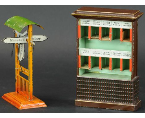689. MARKLIN TICKET DISPENSER AND DESTINATION BOARD | Hand painted ticket dispenser and destination board, both feature Europ