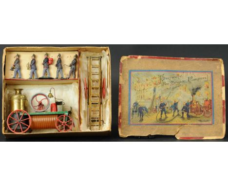 107. BOXED ISSMAYER FIRE BRIGADE SET | A beautiful boxed set with very attractive fire scene on box lid, consists of early fi