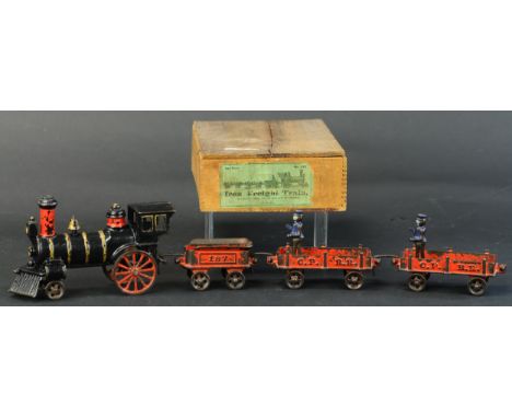 359. BOXED IVES CPRR IRON FREIGHT SET | Hard to find with original wooden box, circa 1904, two original men stand inside each