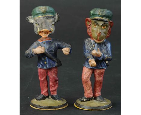 184. TWO WHIMSICAL NODDING FIGURES | Well detailed nodding monkey and a wild boar, painted composition on wood base. | Proven