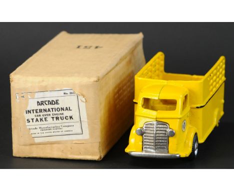 206. BOXED ARCADE COE STAKE TRUCK | Old store stock condition, the box with nearly complete label is a nice bonus, "cab over 