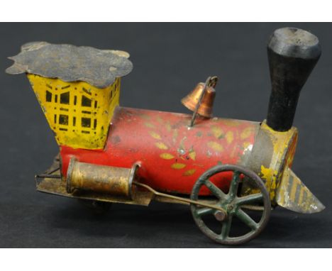 410. SMALL GEORGE BROWN CLOCKWORK LOCOMOTIVE | Charming clockwork toy in its smallest size, cowcatcher at front of engine, st