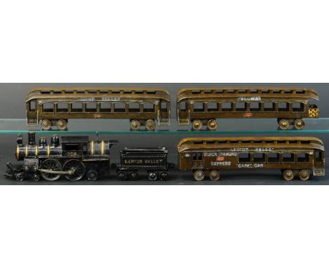 362. DENT CAST IRON CAMELBACK FLOOR TRAIN | Camelback engine pulls tender marked "Lehigh Valley," two coaches marked "Lehigh 