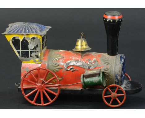 335. HULL &amp; STAFFORD CLOCKWORK TRAIN ENGINE | Great embossing to engine highlights this colorful example, original wood s