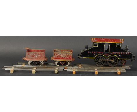 856. KNAPP NO. 221 STEEPLE CAB LOCOMOTIVE AND GONDOLAS | 2" gauge, electric, "Electric Locomotive 221" is cast into the body,