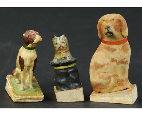 180. THURINGIA TWO DOG AND ONE CAT SQUEAK TOY | The three squeak toys made of "paper mache" and mounted on bellow base. Neith