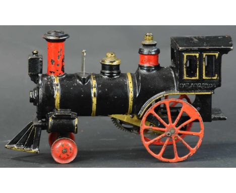 299. IVES CLOCKWORK FLOOR TRAIN ENGINE | Clockwork motor concealed inside body, bright red paint pops against black and gold 