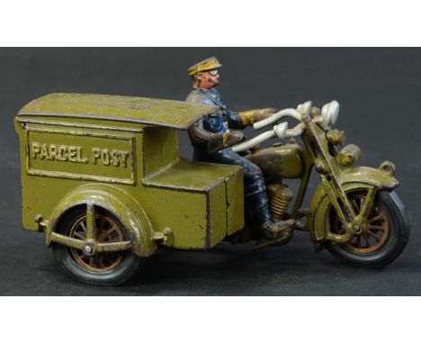 391. HUBLEY PARCEL POST MOTORCYCLE | Lancaster, circa 1930, portion of Harley Davidson decal appears at side of gas tank, inc