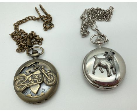 2 modern quartz pocket watches. A bronze effect watch with motorcycle detail and a silver tone cased with terrier dog to fron