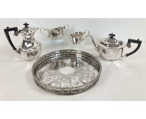 A Victorian Francis Howard silver plated 4 piece tea set together with a decorative galleried tray. Tea set comprises: teapot