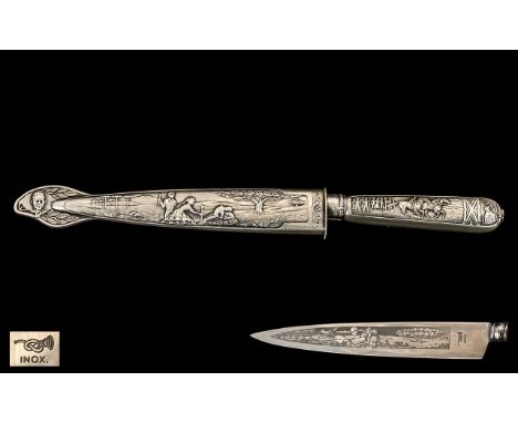 Silvered Metal South American Dagger In Sheath, Finely Decorated to the Hilt and Scabbard with Men on Horse Back and Horse Ca