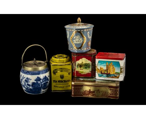 Collection of ( 5 ) Advert Vintage Tins for Tea and Biscuits with a Pottery Blue and White Biscuit Barrel. 