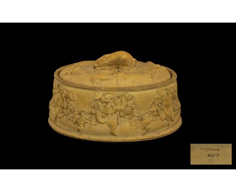 Antique Wedgwood Biscuit Pottery Game Dish &amp; Lid with a rabbit finial handle, the body depicting various game dishes. Ova