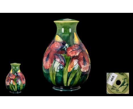 William Moorcroft Signed Tube lined Globular Shaped Lamp Base with Wonderful Rich Lustre Colours ' Orchids ' Design on Emeral