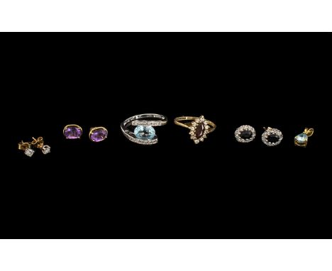 Mixed Lot Of 9ct Gold Jewellery To Include Sapphire And Diamond Stud Earrings, Diamond Stud Earrings, Amethyst Earrings, Blue