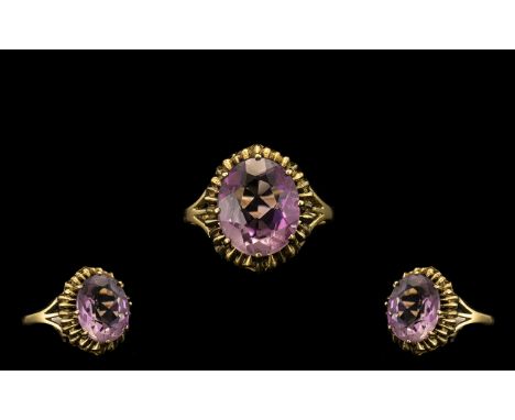 9ct Gold Amethyst Ring, Large Amethyst to Center. Ring Size - M. Please See Photo. 