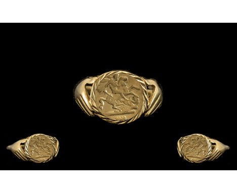 9ct Gold Ring, Made with A I tallar 1855 Gold Coin Inserted Into Ring. Ring Size - M. Please See Image. 